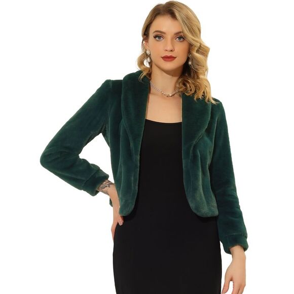 Winter Cropped Jacket Lapel Long Sleeve Faux Fur Fluffy Coat Green - Picture 1 of 5